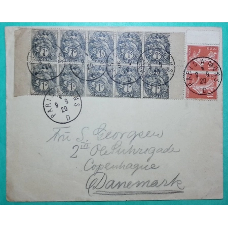 BLOC DE 10 N°107 BLANC + 138 x2 SEMEUSE BEL AFFRANCHISSEMENT 30C PARIS POUR COPENHAGUE DANEMARK 1920 LETTRE COVER FRANCE