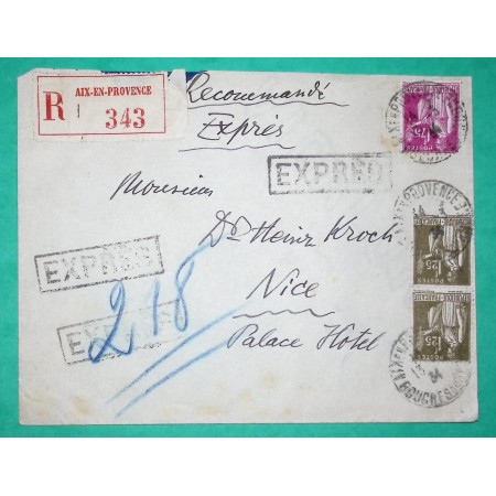N°287 PAIRE + 289 PAIX RECOMMANDE EXPRES AIX EN PROVENCE BOUCHES DU RHONE POUR NICE 1934