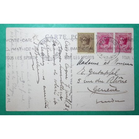 CARTE POSTALE MONACO TARIF 90C MONTE CARLO POUR GENEVE SUISSE 1932