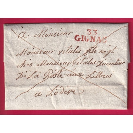 MARQUE 33 GIGNAC HERAULT EN ROUGE EN FRANCHISE DES POSTES 1820 POUR DIRECTUER POSTE AUX LETTRES LODEVE LETTRE