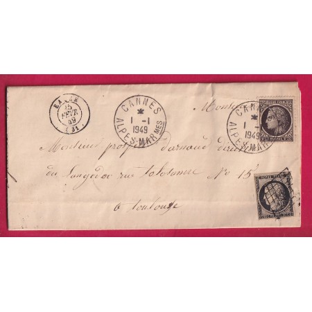 CURIOSITE POUR CENTENAIRE DU TIMBRE FRANCAIS N°3 EAUZE 1849 + MAZELIN CANNES 1ER JANVIER  1949 LETTRE