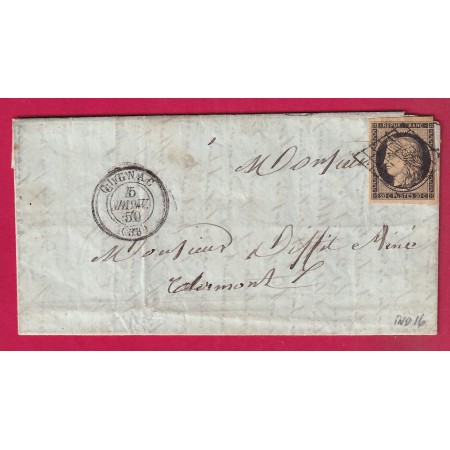 N°3 NOIR SUR JAUNE GRILLE GIGNAC HERAULT 1850 POUR CLERMONT DE L'HERAULT LETTRE