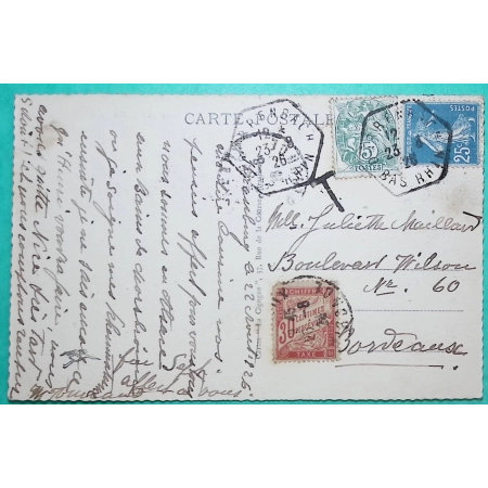 N°111 + 140 MIXTE BLANC SEMEUSE TAXE DUVAL 30C CACHET RECETTES AUXILAIRES DURRENBACH BAS RHIN POUR BORDEAUX 1926 FRANCE
