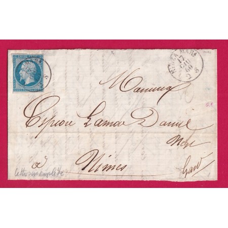 SARDE SUR FRANCE N°14 CAD NIZZA MARITIMA NINCE ALPES MARITIMES POUR NIMES GARD 17 JUILLET 1860 LETTRE