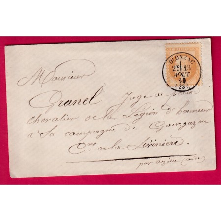 N°28 CAD TYPE 16 OLONZAC HERAULT POUR LA LIVINIERE CACHET ARRIVE AZILLE AUDE LETTRE LOCALE LETTRE