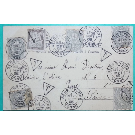 N°107 x5 BLANC + TAXE DUVAL 10C CARTE POSTALE AMBOISE INDRE ET LOIRE HABITATIONS TROGLODYTES SENS YONNE POUR PARIS 1903