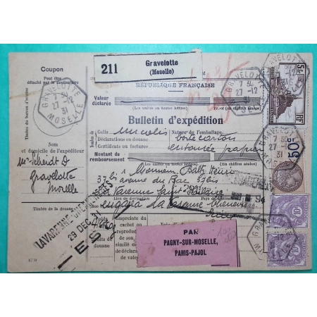 N°233 x2 + 260 MIXTE BLANC MONT ST MICHEL + TIMBRE FISCAL 50C BULLETIN D'EXPEDITION PAGNY SUR MOSELLE PARIS PUJOL 1931