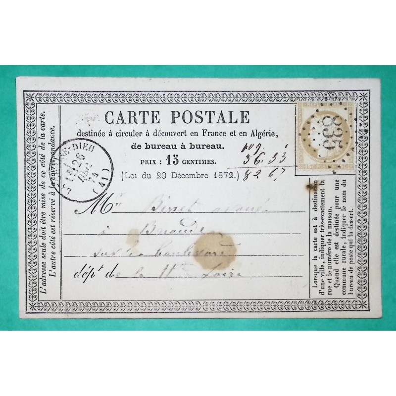 N°55 CARTE PRECURSEUR GC 835 LA CHAISE DIEU HAUTE LOIRE POUR BRIOUDE 1874