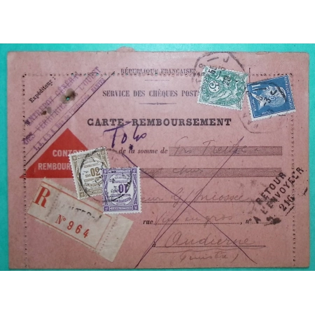 N°111 + 179 MIXTE BLANC PASTEUR + TAXE 40C CARTE REMBOURSEMENT RECOMMANDE NANTES POUR AUDIERNE RETOUR ENVOYEUR 1926
