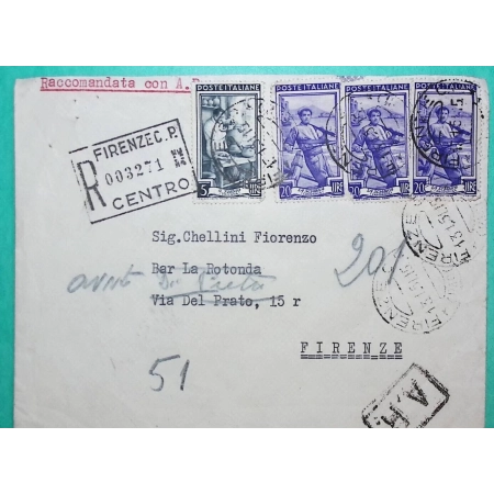 RECOMMANDE LOCAL RACCOMANDATE LOCALE FLORENCE FIRENZE ITALIE ITALIA 1951 LETTRE COVER