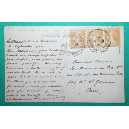 N°158 SEMEUSE BANDE DE 3 CONVOYEUR LIGNE CRAPONNE A ST ETIENNE N°1 CARTE POSTALE POUR PARIS 1924