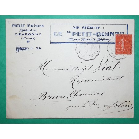 N°199 SEMEUSE CONVOYEUR LIGNE CRAPONNE A SEMBADEL HAUTE LOIRE ENVELOPPE PUB VIN PETIT QUINA 1927