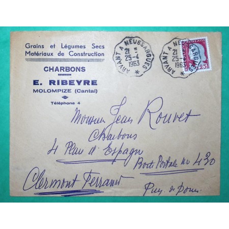 N°1263 MARIANNE DE DECARIS CONVOYEUR LIGNE ARVANT A NEUSSARGUES ENVELOPPE PUB GRAINS CHARBON MOLOMPIZE CANTAL 1963