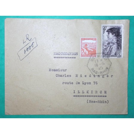 N°736 + 738 TUBERCULEUX SARAH BERNHARDT RECOMMANDE PROVISOIRE OSTWALD BAS RHIN POUR ILLKIRCH 1945