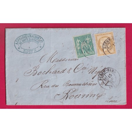 N°55 65 MIXTE SAGE CERES CAD ROUEN GARE POUR ROANNE LOIRE LETTRE