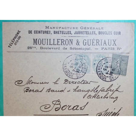 N°111 x2 + 130 MIXTE BLANC SEMEUSE ENVELOPPE PUB CEINTURES PARIS POUR BORAS SUEDE SWEDEN 1905 LETTRE COVER FRANCE