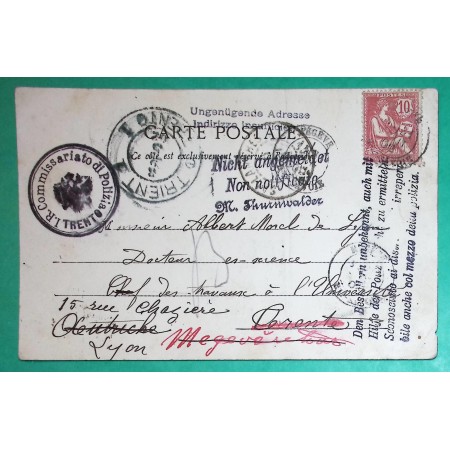N°124 MOUCHON CARTE POSTALE MEGEVE HAUTE SAVOIE POUR TRENTE ITALIE CACHET POLICE POLIZIA REEXP LYON 1902