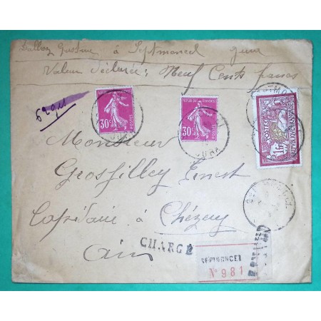 N°121 + 191 x2 MERSON SEMEUSE LETTRE CHARGE SEPTMONCEL JURA POUR CHEZERY AIN 1925