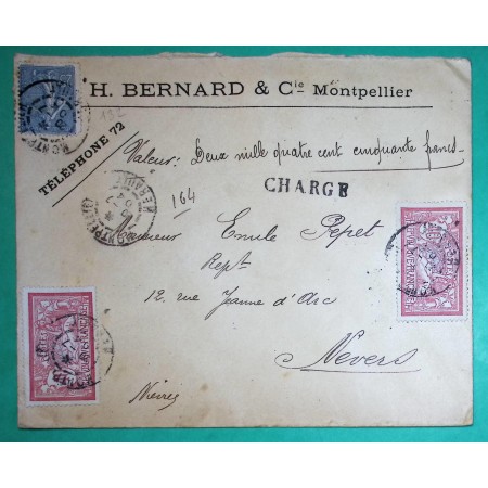 N°121 x2 + 132 MERSON SEMEUSE LETTRE CHARGE MONTPELLIER HERAULT POUR NEVERS NIEVRE 1904