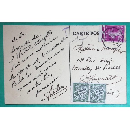 N°190 SEMEUSE BDF CONVOYEUR LIGNE ALBI A RODEZ + TAXE DUVAL 20C x2 VERT CARTE POSTALE VIADUC VIAUR AVEYRON 1932