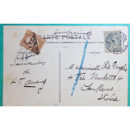 N°111 BLANC + TAXE ITALIENNE 10C CARTE POSTALE LAC DU BOURGET AIX LES BAINS SAVOIE POUR SAN REMO ITALIE ITALIA COVER