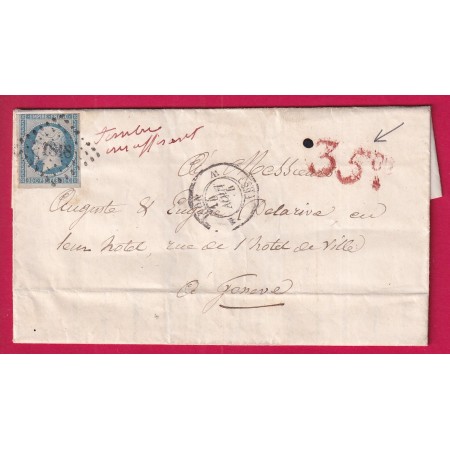 N°14 PC 1818 LYON A 68 A POUR GENEVE TAXE SUISSE 35 CS EN ROUGE 1854 LETTRE