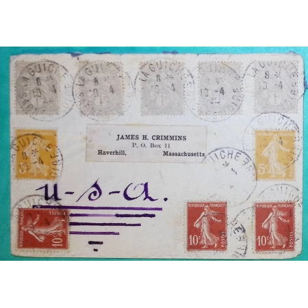 N°107 x10 + 138 x3 + 158 x2 MIXTE BLANC SEMEUSE BEL AFFRANCHISSEMENT LA GUICHE SAONE ET LOIRE POUR HAVERHILL USA 1922