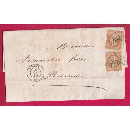 BEAU MIXTE N°13 + 21 GC 2068 LODEVE HERAULT POUR BEDARIEUX 1863 LETTRE