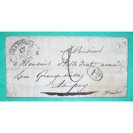 CAD TYPE 12 CRAPONNE HAUTE LOIRE DECIME + BOITE RURALE D CHOMELIX POUR LE PUY EN VELAY 1836