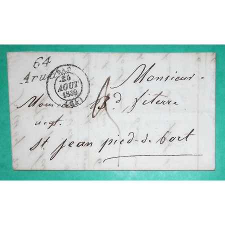 CURSIVE 64 ARUDY BASSES PYRENEES + CAD TYPE 14 PAU POUR ST JEAN PIED DE PORT 1839