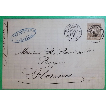 N°69 SAGE LETTRE MARSEILLE BOUCHES DU RHONE POUR FLORENCE FIRENZE ITALIE ITALIA 1877 COVER FRANCE