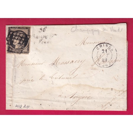 N°3 GRILLE + CURSIVE 36 CHAMPIGNY SUR VEUDE INDRE ET LOIRE INDICE 24 POUR ANGERS MAINE ET LOIRE