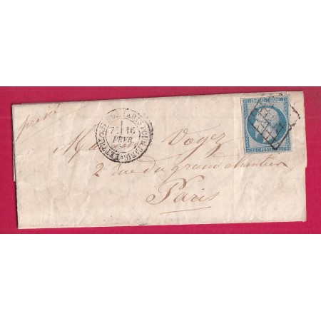 N°14 GRILLE + LETTRE AFFRANCHIE DE PARIS POUR PARIS POUR PARIS DOUBLE PORT LOCAL LETTRE ACHEMINEE DE VERNON EURE 1855 RARE