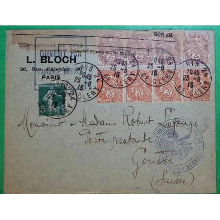 N°108 x4 + 109 x4 + 137 BLANC SEMEUSE 25C PARIS POSTE RESTANTE GENEVE SUISSE CENSURE MINISTERE GUERRE PONTARLIER 1915