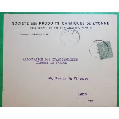 N°198 SEMEUSE 50C OLIVE SEUL SUR LETTRE ENVELOPPE PUB SOCIETE PRODUITS CHIMIQUES YONNE POUR PARIS 1926 COVER FRANCE