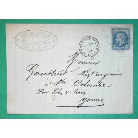 N°29 GC 2742 LES ORMES SUR VOULZIE SEINE ET MARNE POUR SAINTE COLOMBE YONNE 1871