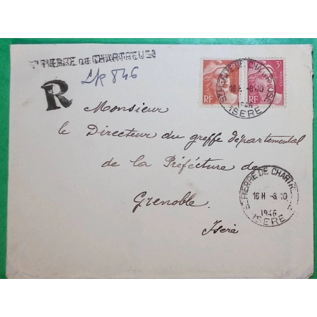 N°716 + 721 MARIANNE DE GANDON RECOMMANDE PROVISOIRE ST PIERRE DE CHARTREUSE ISERE POUR GRENOBLE 1946 COVER FRANCE