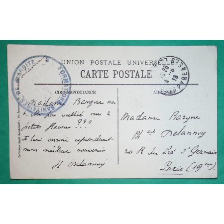 FRANCHISE MILITAIRE FM FORMATIONS SANITAIRES DE BIARRITZ BASSES PYRENEES CARTE POSTALE POUR PARIS 1918 WW1