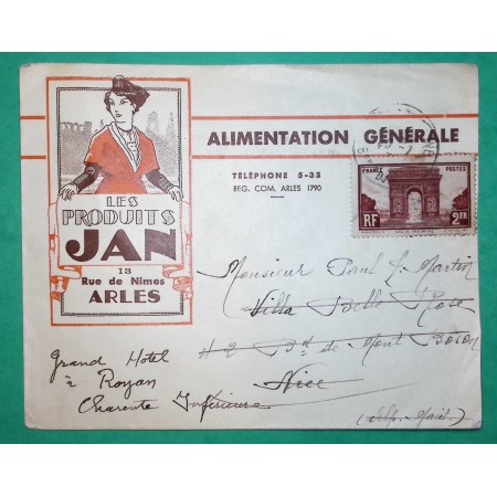 N°258 2F ARC DE TRIOMPHE SEUL SUR LETTRE BELLE ENVELOPPE PUB ILLUSTREE LES PRODUITS JAN ARLES BOUCHES DU RHONE 1938