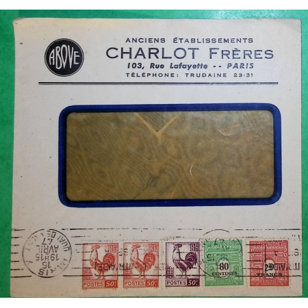 N°631 + 633 x2 + 706 + 710 MIXTE COQ ALGER ARC DE TRIOMPHE ENVELOPPE PUB CHARLOT FRERES PARIS 1947 LETTRE COVER FRANCE