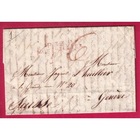 MARQUE P33P MONTPELLIER HERAULT EN ROUGE POUR GENEVE SUISSE 1823 TAXE 6 EN ROUGE