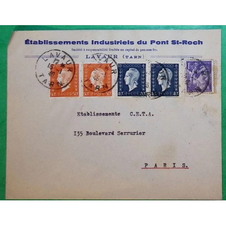 N°651 + 684 x2 + 685 x2 MIXTE IRIS MARIANNE DULAC LETTRE LAVAUR TARN POUR PARIS 1946 COVER FRANCE