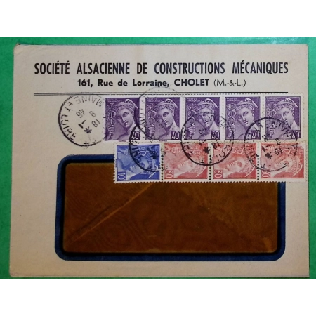 N°546 + 547 x3 + 548 x5 BEL AFFRANCHISSEMENT MERCURE LETTRE CHOLET MAINE ET LOIRE 1946 LETTRE COVER FRANCE