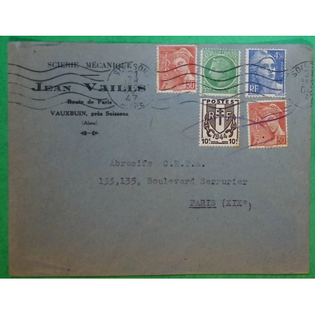 N°547 x2 + 670 + 675 + 718A MIXTE MERCURE CHAINES BRISEES CERES MAZELIN GANDON LETTRE SOISSONS AISNE POUR PARIS 1947