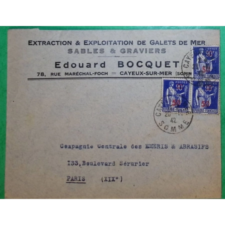 N°482 x3 PAIX 90C SURCHARGE 50C AFFRANCHISSEMENT 1F50 CAYEUX SUR MER SOMME POUR PARIS 1942 LETTRE COVER FRANCE