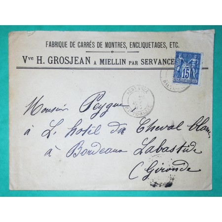 N°90 SAGE CAD TYPE 18 SERVANCE HAUTE SAONE ENTETE PUB MONTRES ENCLIQUETAGES MIELLIN 1895