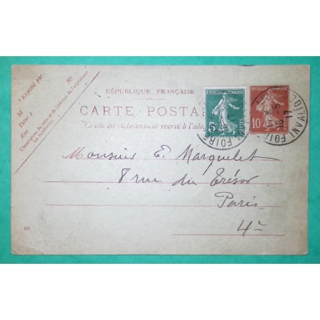ENTIER SEMEUSE 10C + COMPLEMENT AFFRANCHISSEMENT N°137 CAD FOIRE DE PARIS INVALIDES 1917