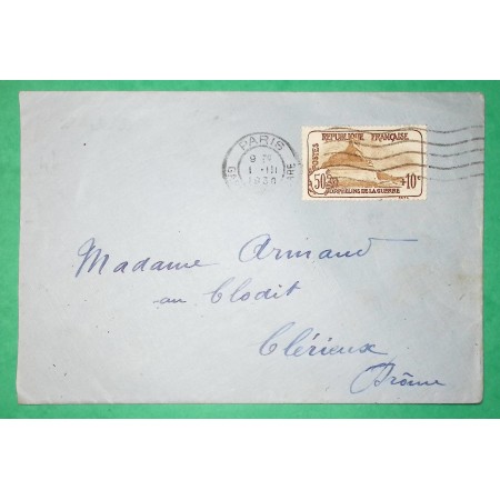 N°230 ORPHELINS DE GUERRE SEUL SUR LETTRE PARIS POUR CLERIEUX DRONE 1930