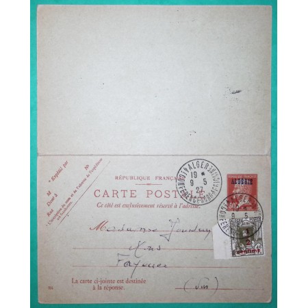 ENTIER 30C ROUGE PASTEUR SURCHARGE ALGERIE AVEC REPONSE CAD ALGER 4ème CONFERENCE NORD AFRICAINE 1927