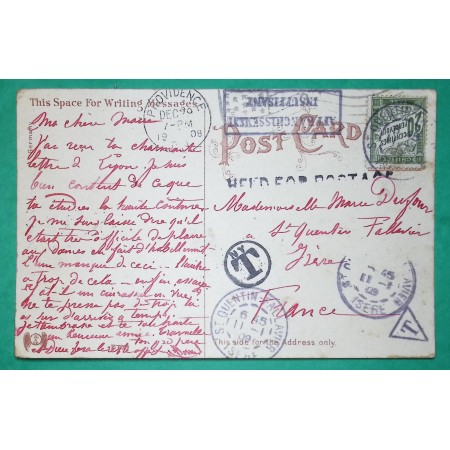 CARTE POSTALE POST PROVIDENCE ETATS UNIS USA AFFRANCHISSEMENT INSUFFISANT TAXE DUVAL 20C 1909